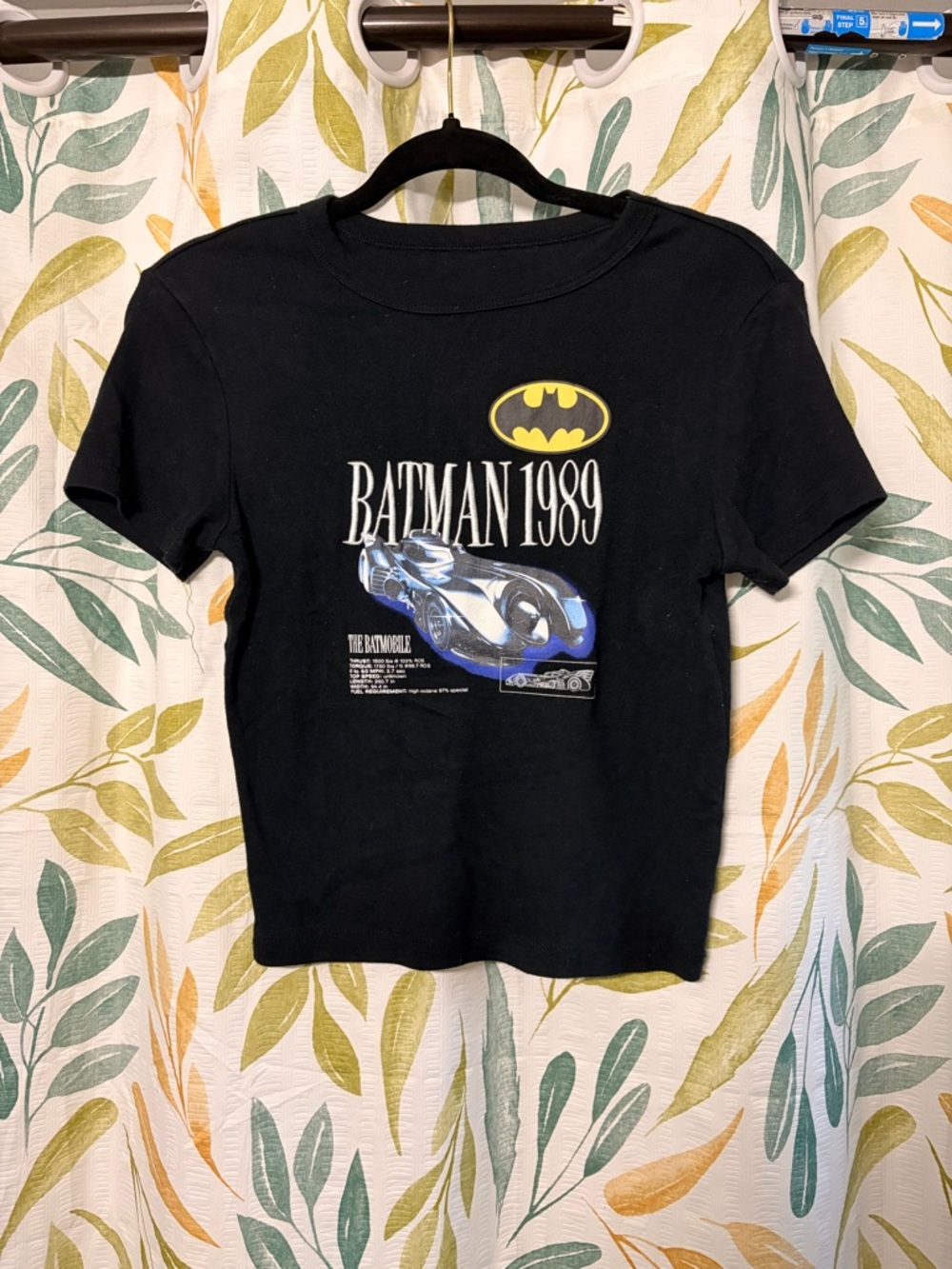 Batman 1989 Black Graphic Baby Tee with Batmobile